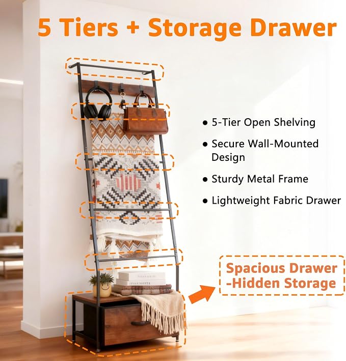 Metal Blanket Ladder with Storage Drawer, 5 Tier Black Blanket Ladders for the Living Room with Hooks, 5.2ft Wall Leaning Quilt Ladder for Blankets, Towels & Throws, Farmhouse Decor