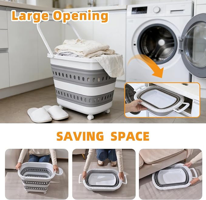 50L Collapsible Plastic Laundry Basket Hamper with Wheels, Foldable Laundry Basket with Handles, Pop Up Storage Container Organizer for Washing Storage