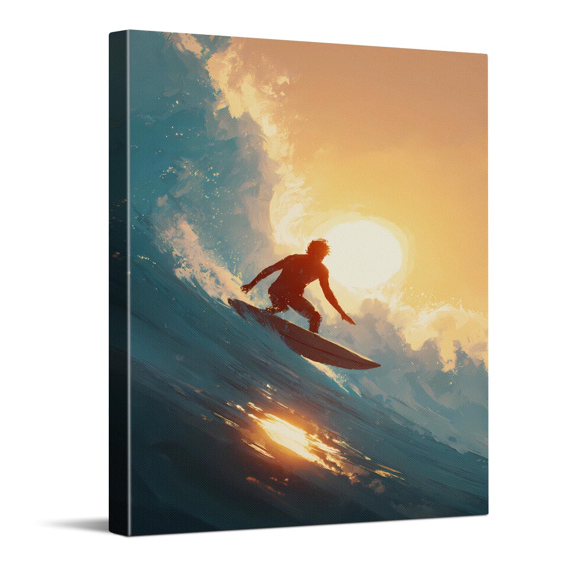 WOXZQ Sunset Surf Wall Art Surfer Silhouette Wall Decor Painting Blue and Golden Ocean Wave Canvas Print for Bedroom Living Room Beach House Surfing Poster Gift for Surfers 8x10 Inch