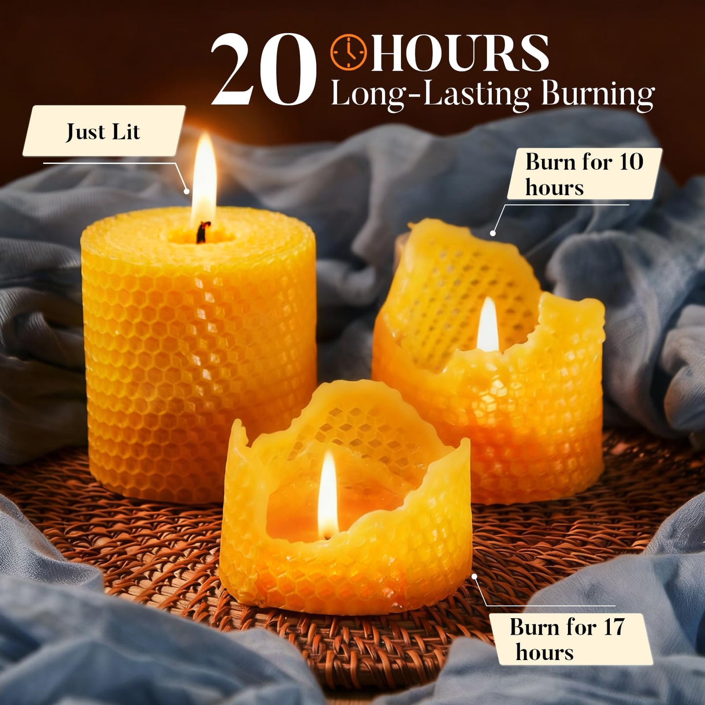 Ashlux Beeswax Pillar Candles, 3x3 Inch -Set of 3 Hand-Rolled Honeycomb Candle - Each Long Burning 17 Hours, Dripless Smokeless Unscented Handmade Beeswax for Home Decor, Prayer, Wedding,SPA