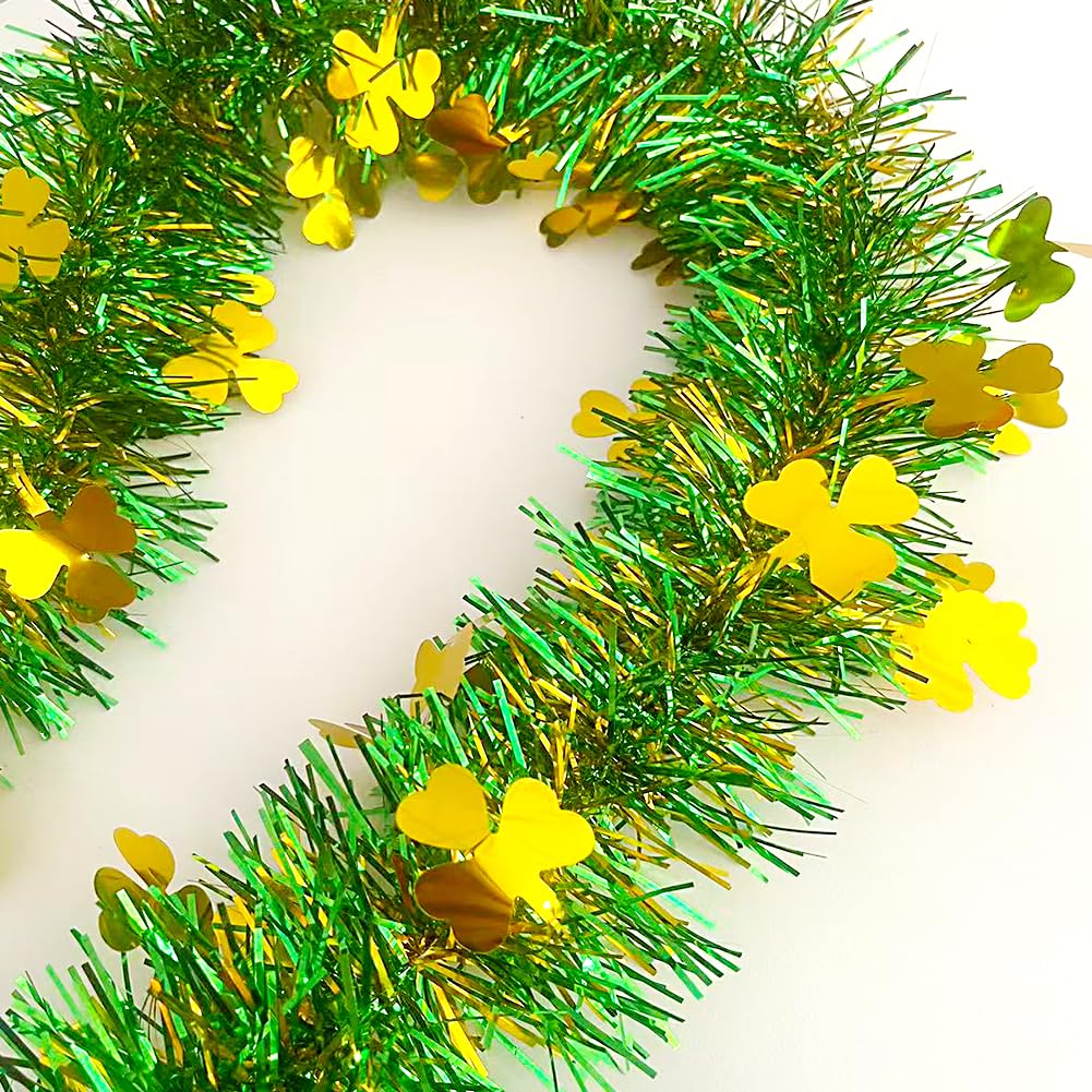 66 Ft St.Patrick's Day Tinsel Garland Decorations Shiny Thick Green Garland with Gold Shamrock Design Irish Holiday Clover Hanging Decor for Home Indoor Outdoo Saint Patrick's Day Party Supplies