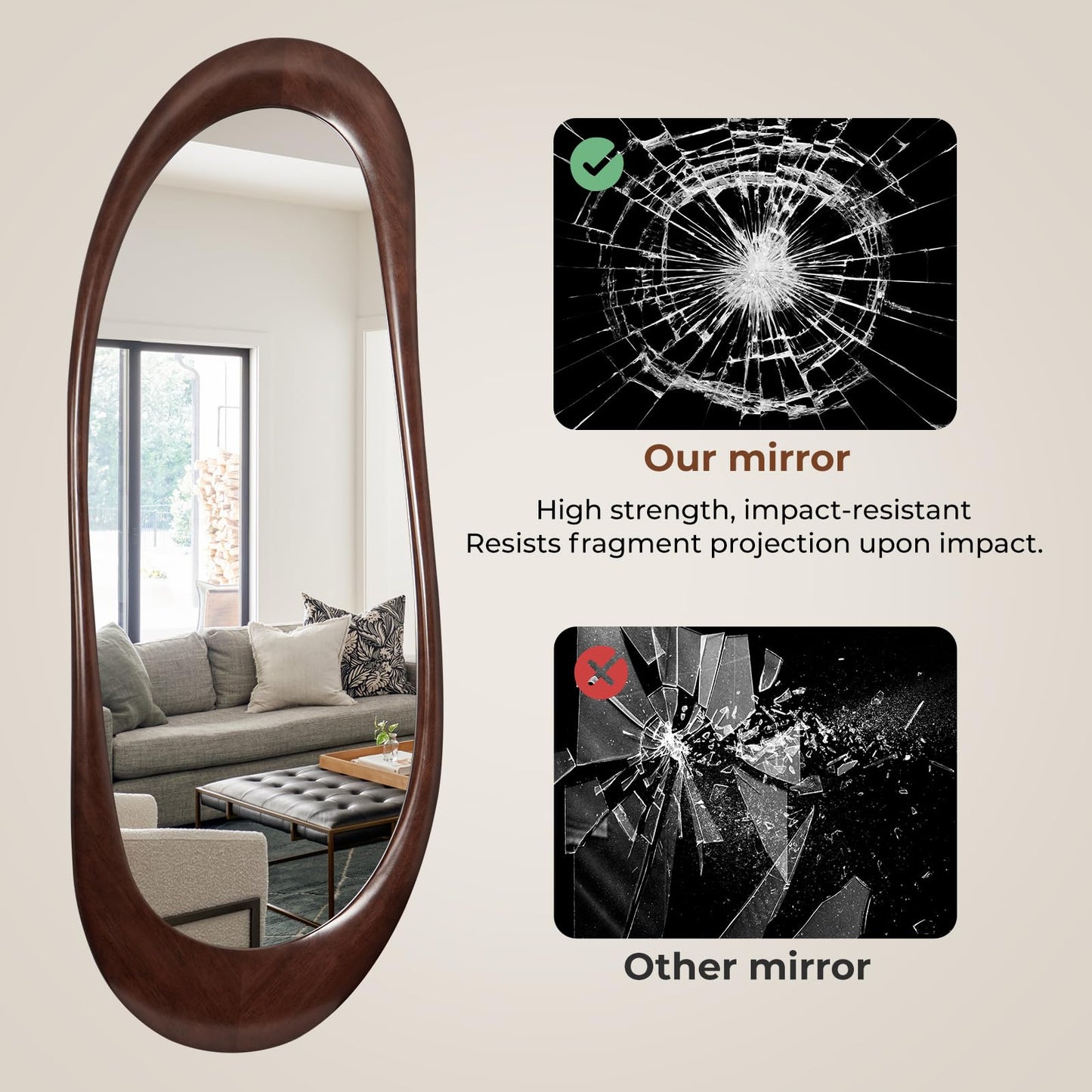WallBeyond Asymmetrical Full Length Wooden Mirror, 22.5" x 63" Irregular Solid Wood Wall Mirror, Boho Decor for Bedroom Living Room Entryway, Mid-Century Modern, Dark Walnut