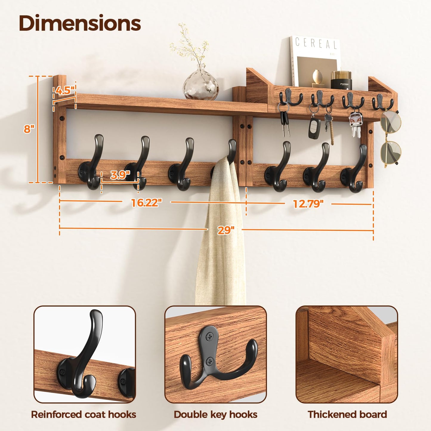 Evermagin 29" Coat Rack Wall Mount with Shelf, 4 in 1 Wall Mounted Coat and Key Hanger with 11 Hooks, Entryway Key Holder with Mail Holder for Living Room, Bedroom