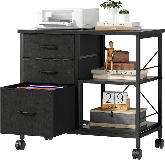 OLIXIS 3-Tier Printer Stand with Fabric Storage Drawer, Rolling Printer Cart with Lockable Wheels and Metal Frame, Under Desk Table with Open Storage Shelf for Small Spaces, Home, Office, Black