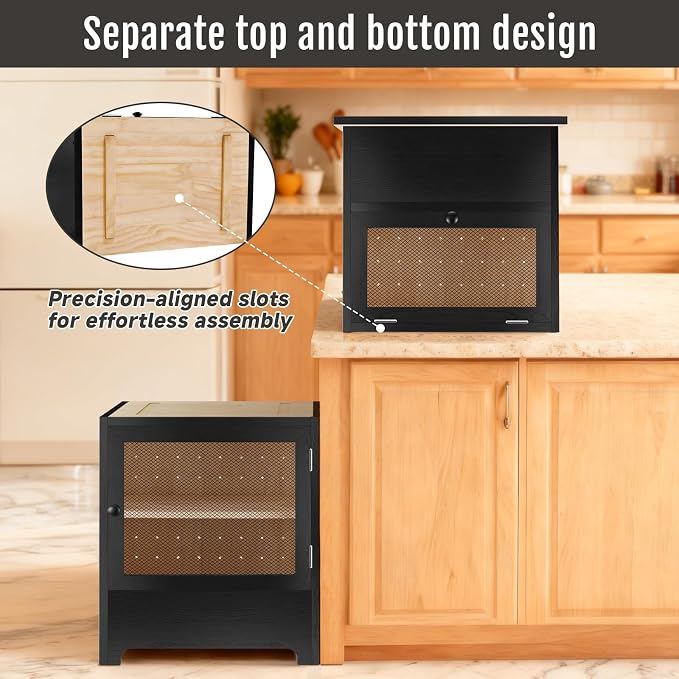 Large Potato and Onion Storage Bin - Wooden Stackable Bread Storage Box with Lid & Mesh Doors, Decorative Fruit and Vegetable Organization Cabinet for Kitchen, 15.75"W x 10.7"D x 33.5"H (Black)