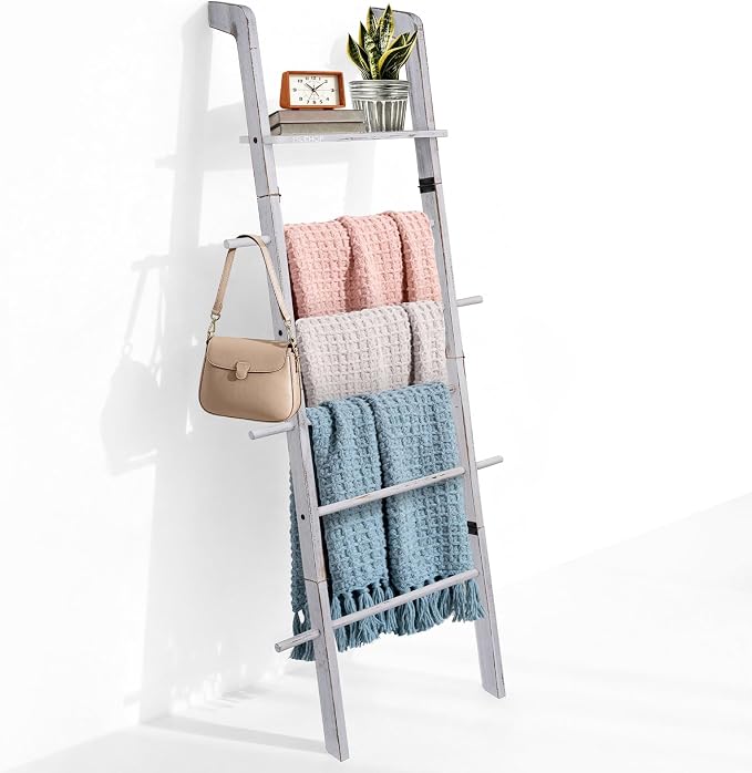 67" Wooden Blanket Ladder with Shelf and Hooks, 6-Tier Blanket Ladder for Living Room, Wall-Leaning Towel Ladder and Quilt Rack Storage, Farmhouse Decor Ladder for Display (Vintage White)