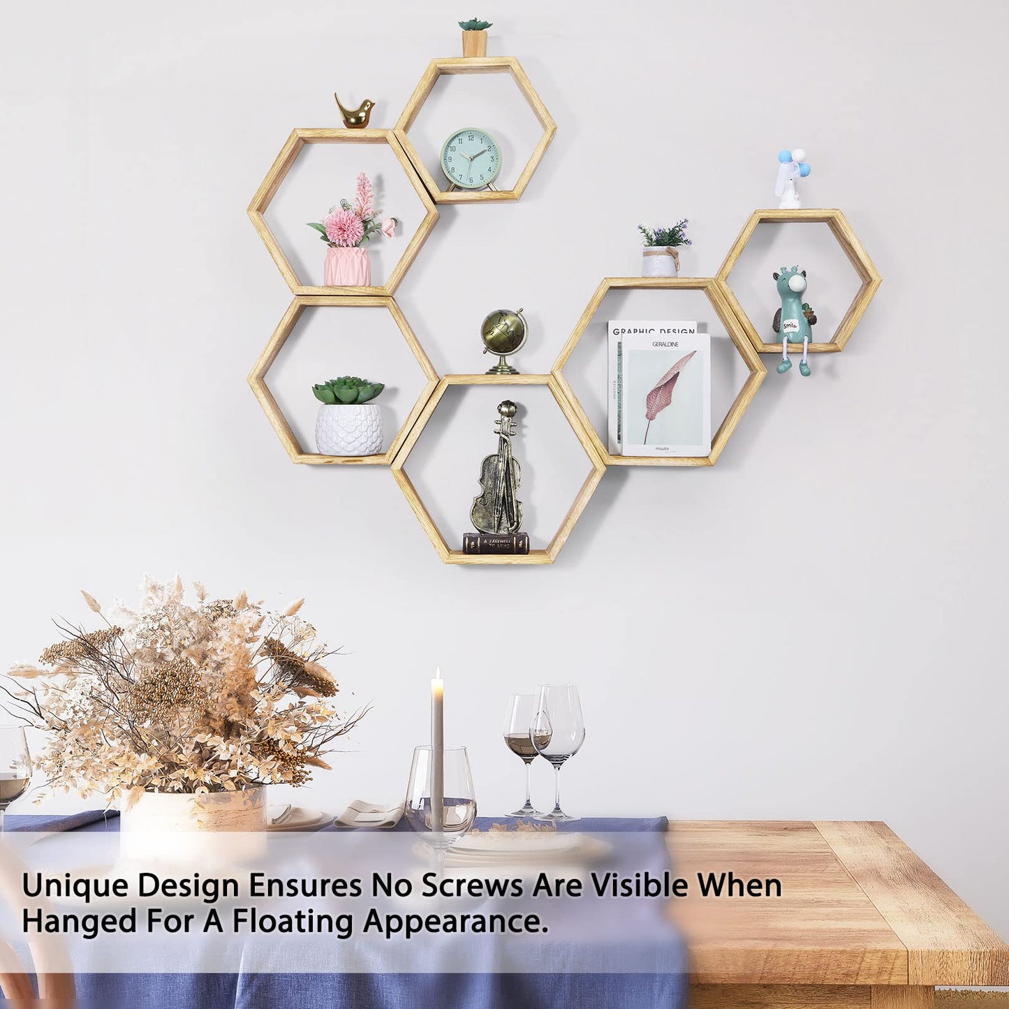 NOVIMANGO Hexagonal Floating Shelves Wall Mounted Set of 6 Wooden Hexagon Shelves Farmhouse Storage Honeycomb Shelves Hexagon Hanging Shelves Rustic Geometric Shelf for Nursery Bedroom Living Room