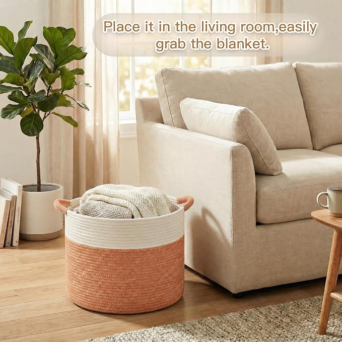Artfeel 70L Large Cotton Rope Basket, Decorative Woven Blanket Storage for Living Room, Boho Toy Storage & Toy Box for Kids, Versatile Laundry Basket & Nursery Hamper for Blankets(Orange)