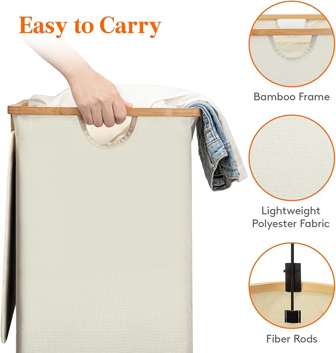 Lifewit 170L Double Laundry Hamper with Lid, Large Laundry Basket with Removable Bag & Bamboo Handles, Fodable Tall Dirty Clothes Hamper for Laundry Collapsible Bin for Bathroom Bedroom Dorm, Beige