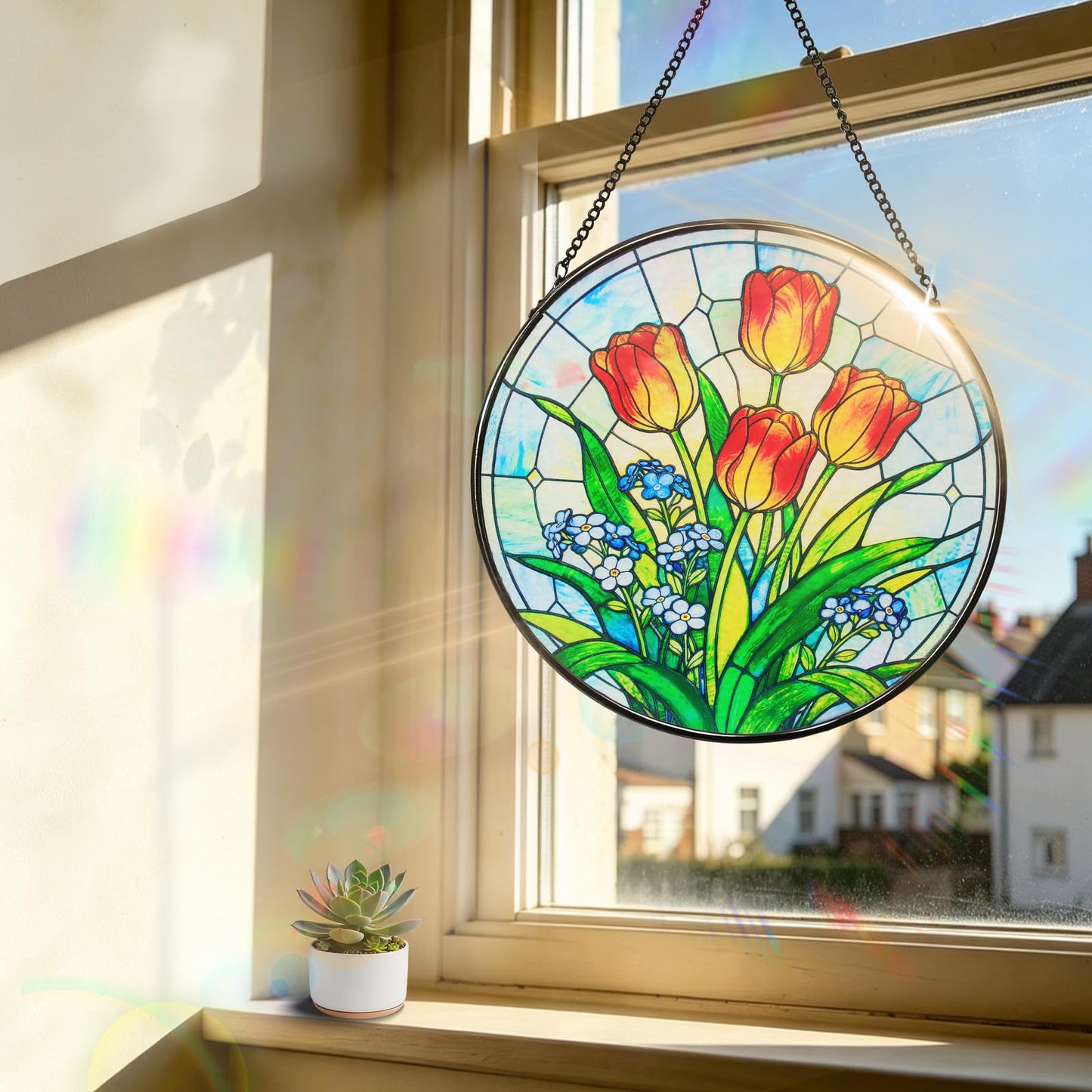 Katinyos 8 Inch Stained Glass Window Hanging, Sun Catcher with Metal Chain and Hooks, Decorative Stained Glass Panel for Garden & Patio (Tulip)