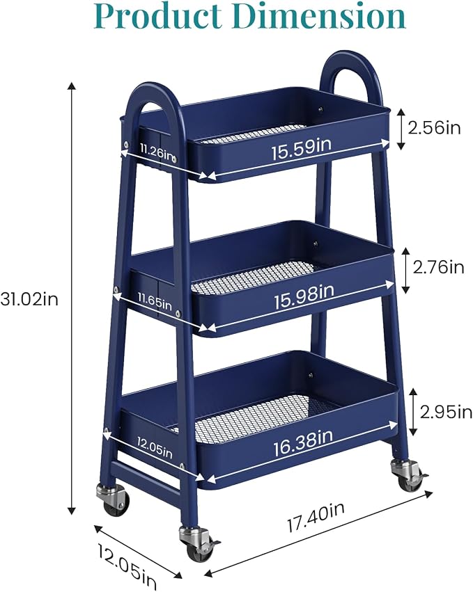 OLIXIS Metal 3 Tiers Utility Rolling Cart, Mobile Storage Shelf with Lockable Caster Wheels, Organization for Livingroom, Bathroom & Narrow Places, Blue