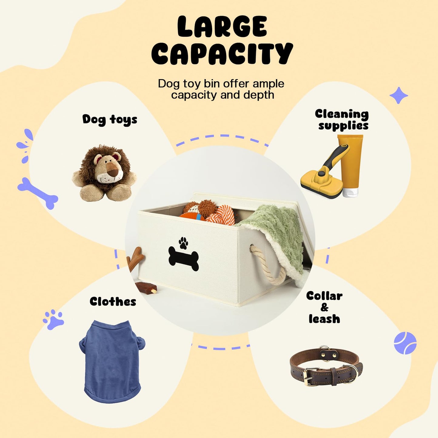 GreenPetopia Dog Toy Basket with Lid, Dog Basket for Toys, Dogs Toy Box with Cotton Rope Handles, Collapsible Storage Bins for Pet Toys, Dogs Storage Organizer, Beige