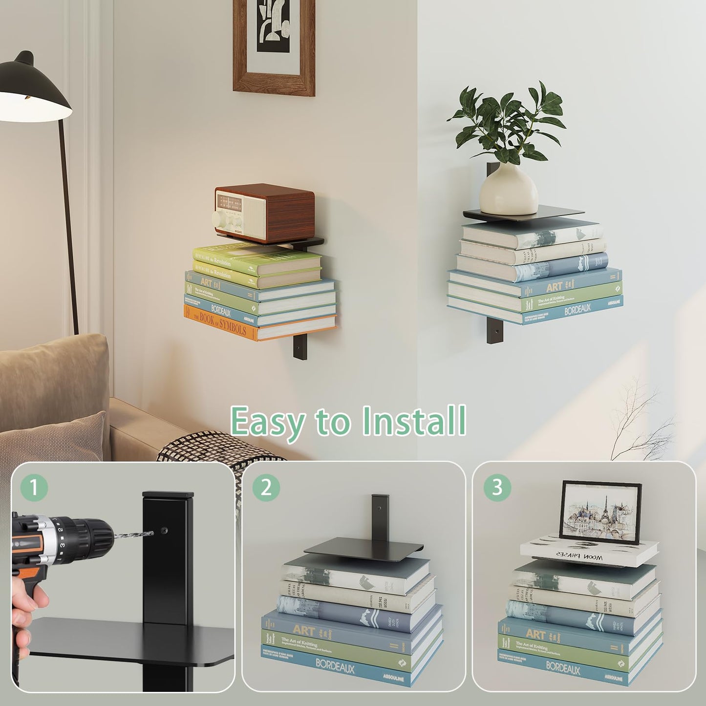 ART-GIFTREE Floating Book Shelves for Wall, 4 Tier Invisible Floating Bookshelf, Vertical Spine Book Tower, Wall Mounted & Space Saving, Heavy Duty Metal Book Organizer for Home Office, 2 Pack Black