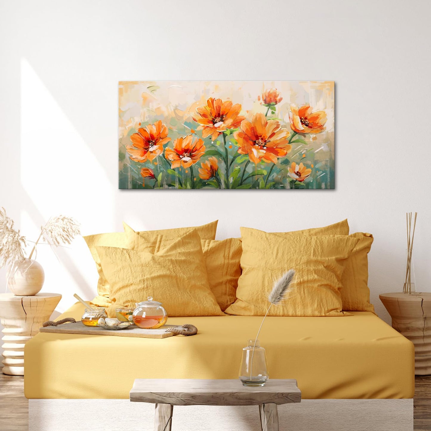 Saypeacher Orange Flower Wall Art Burnt Orange and Green Wall Decor Larg Floral Painting Prints for Living Room Bedroom 24x48inches
