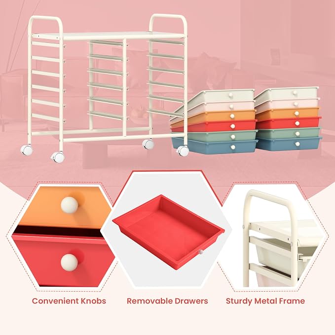 COSTWAY 12-Drawer Rolling Storage Cart, Utility Storage Organizer Cart for Tools, Scrapbook, Paper, Craft, Multipurpose Art Supply Organizer on Wheels for Home Office School, Teacher, Macaron