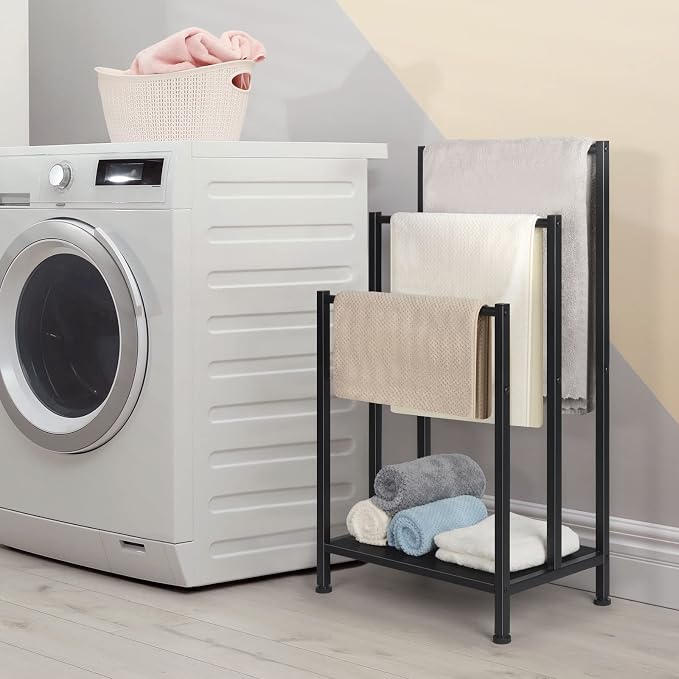 Freestanding Towel Rack for Bathroom, Black Standing Towel Rack Bath Towel Holder Stand Floor 3 Tier Blanket Rack Outdoor Towel Rack Standing Metal Blanket Ladders for The Living Room