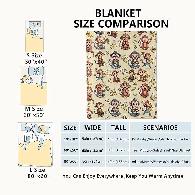 Monkey and Banana Blanket,Fun Cartoon Jungle Theme Throw Blankets,Birthday Gifts for Kids & Animal Lovers,Lightweight Soft Fleece,for Picnic Sofa Couch Bed Room Travel,Modern Decor,50x60in
