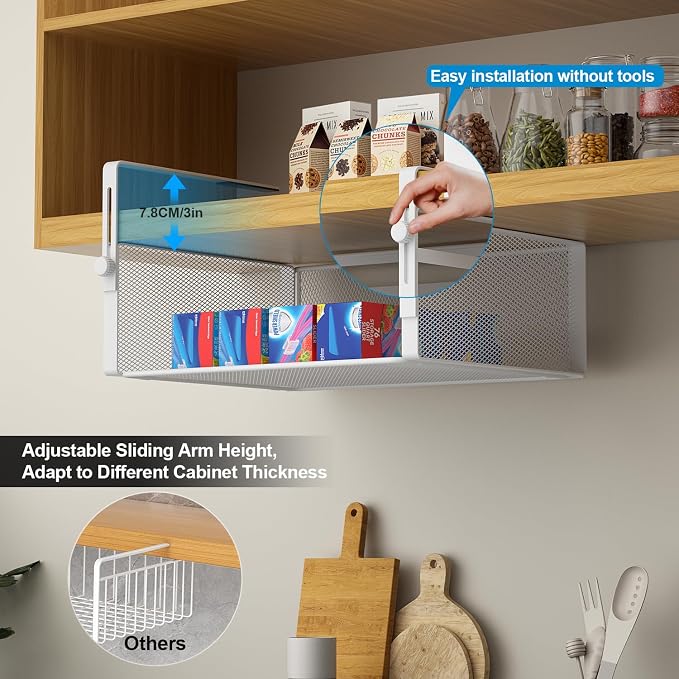 AmonHouseware 2Pack Under Shelf Basket Organizer,Adjustable Hanging Holder for Cabinet Pantry Kitchen Cupboard Desk Counter Bookshelf Organization Add-on Space Saver Heavy Duty Slide-in (White, Large)