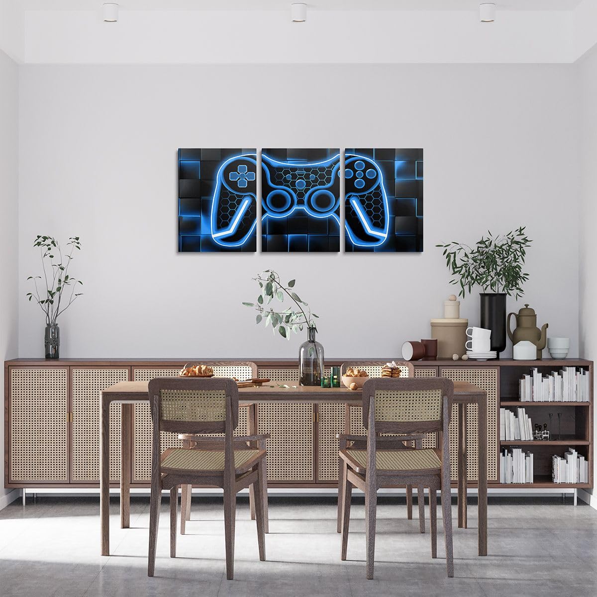 Feelyou Gamer Canvas Wall Art Gaming Bathroom Wall Art for Home Decor 12"x16" 3 Piece for Teens Bedroom Decor Lighting Honeycomb Office Wall Artwork Posters Blue and Black Geometric Wall Painting