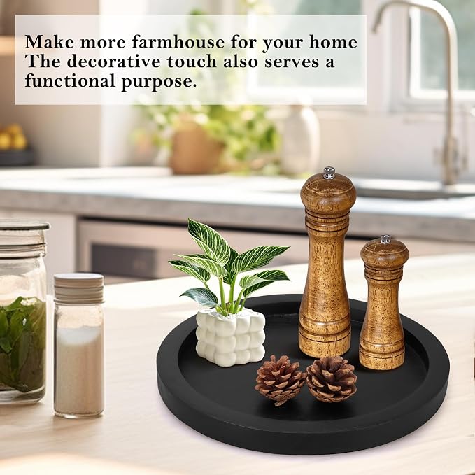 Round Decorative Tray for Coffee Dining Table Countertop Small Wooden Serving Trays Farmhouse Kitchen Home Living Room Decor and Bathroom Accessories Tray Black Rustic Wood Candle Centerpiece Trays