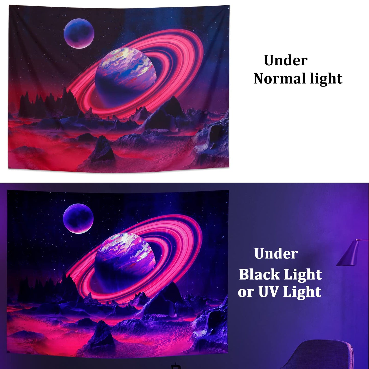 Leofanger Blacklight Trippy Planet Tapestry UV Reactive Mountain Wall Tapestries Galaxy Space Tapestry Starry Night Sky Tapestries Wall Hanging for Home Decor(51.2"x59.1")