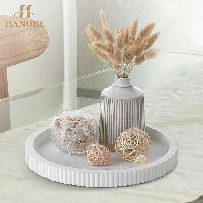 Hanobe Decorative Tray for Coffee Table: White Round Trays for Living Room Ottoman Centerpiece Home Decor 12" Modern Farmhouse Topper Dining Kitchen Island Tabletop Display