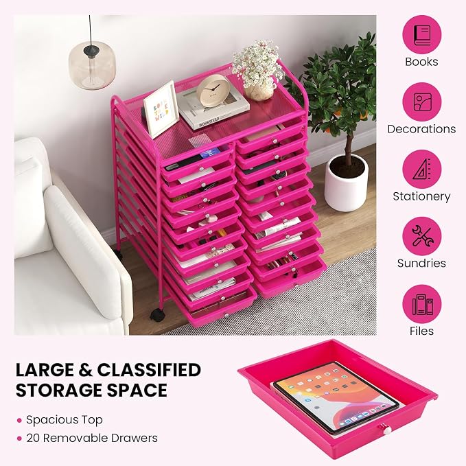 COSTWAY 20-Drawer Rolling Storage Cart, Utility Storage Organizer Cart for Tools, Scrapbook, Paper, Craft, Multipurpose Storage Trolley on Wheels for Home Office School, Hot Pink