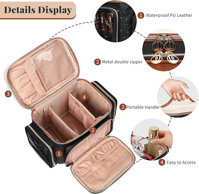 Bagmoly Large Makeup Bag, Portable Travel Makeup Bag Organizer for Women Girls with Makeup Brush Compartment & Two Side Pockets, Cosmetic Travel Bag Vertical Storage Toiletry Bag- Brown