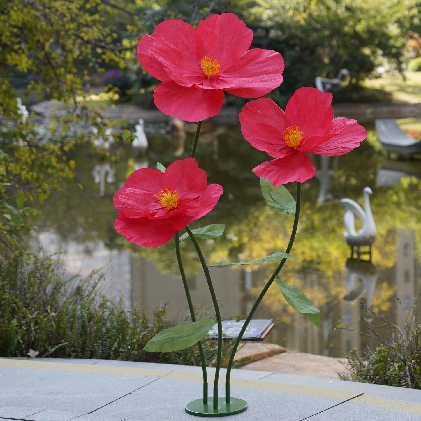 ZEYEXE Large Paper Artificial Flowers,Giant Flowers for Decoration,Huge Handcrafted Poppy Fake Flowers with Stand for Home Decor Bridal Shower Party Outdoors Yard Event Backdrop Decor (red)