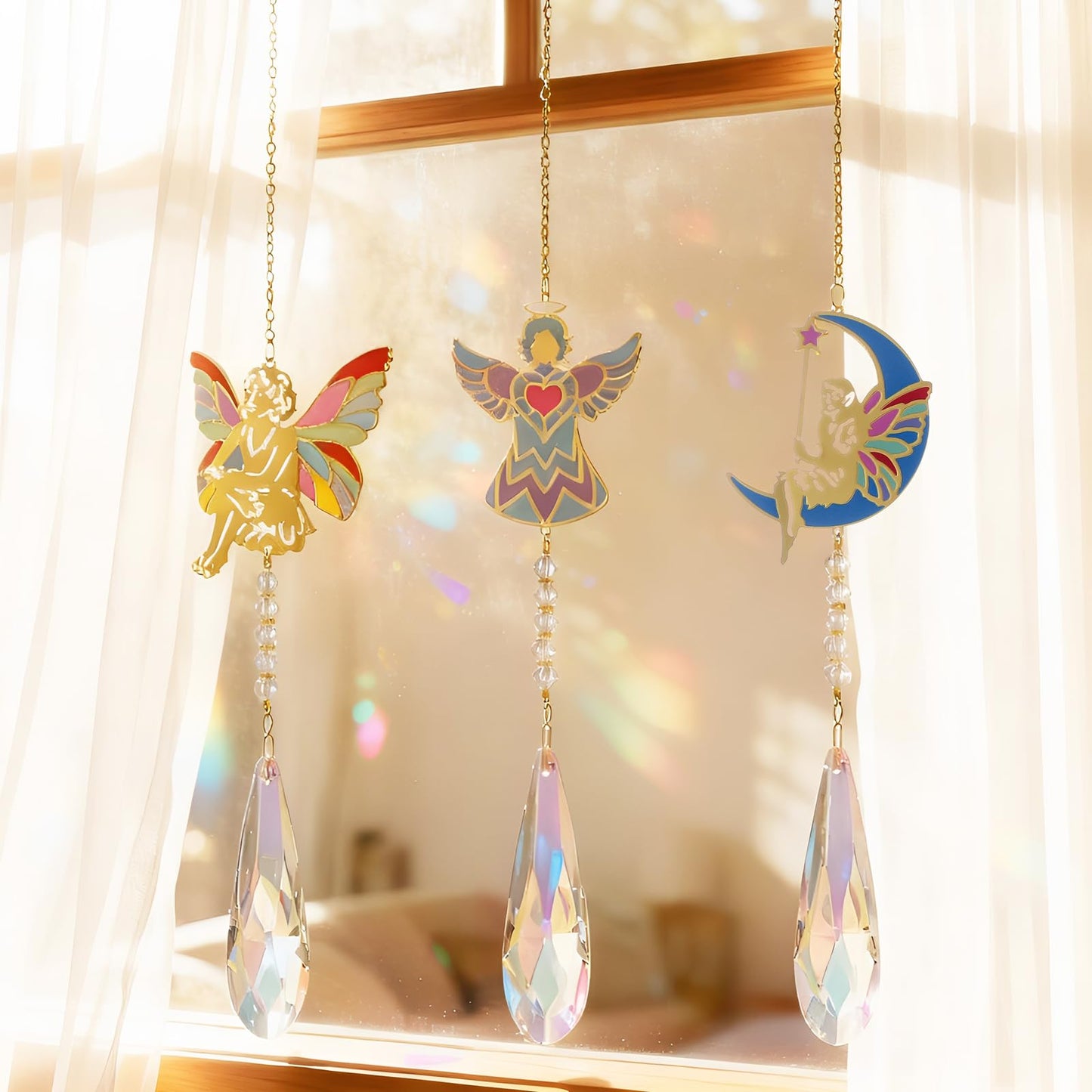 Crystal Sun Catcher Angel Rainbow Maker Hanging Suncatchers Window Decor Christmas Ornaments for Tree Gift for Mom Women Set of 3