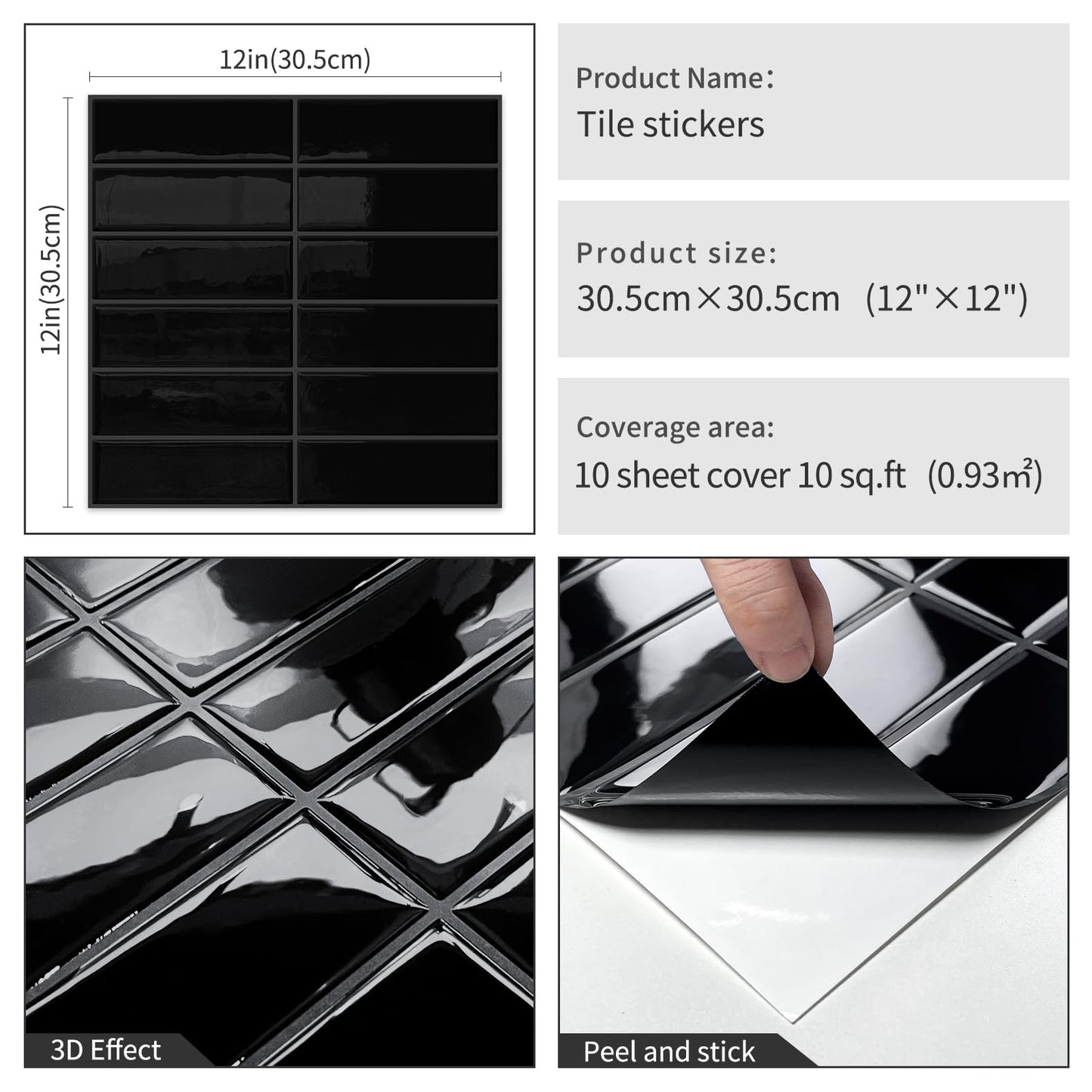 DEWOO Black Rectangle Peel and Stick Subway Backsplash Self Adhesive Wall Tile Stickers for Kitchen Bathroom Brick (10-Sheet, 12"×12")