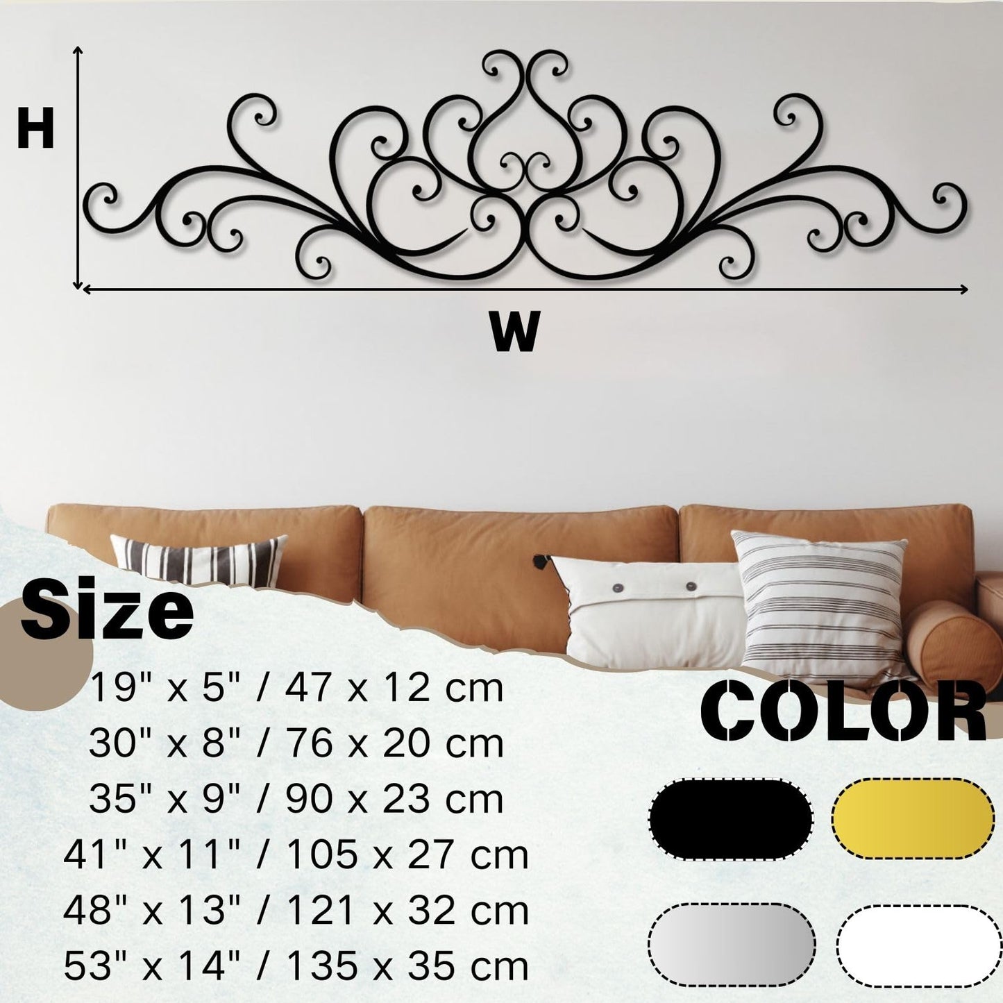Hotuijxca Scroll Metal Wall Decor, Scroll Metal Wall Art, Rustic Iron Wall Decor for Living Room, Bedroom, Office(Black,35" x 9" / 90 x 23 cm)