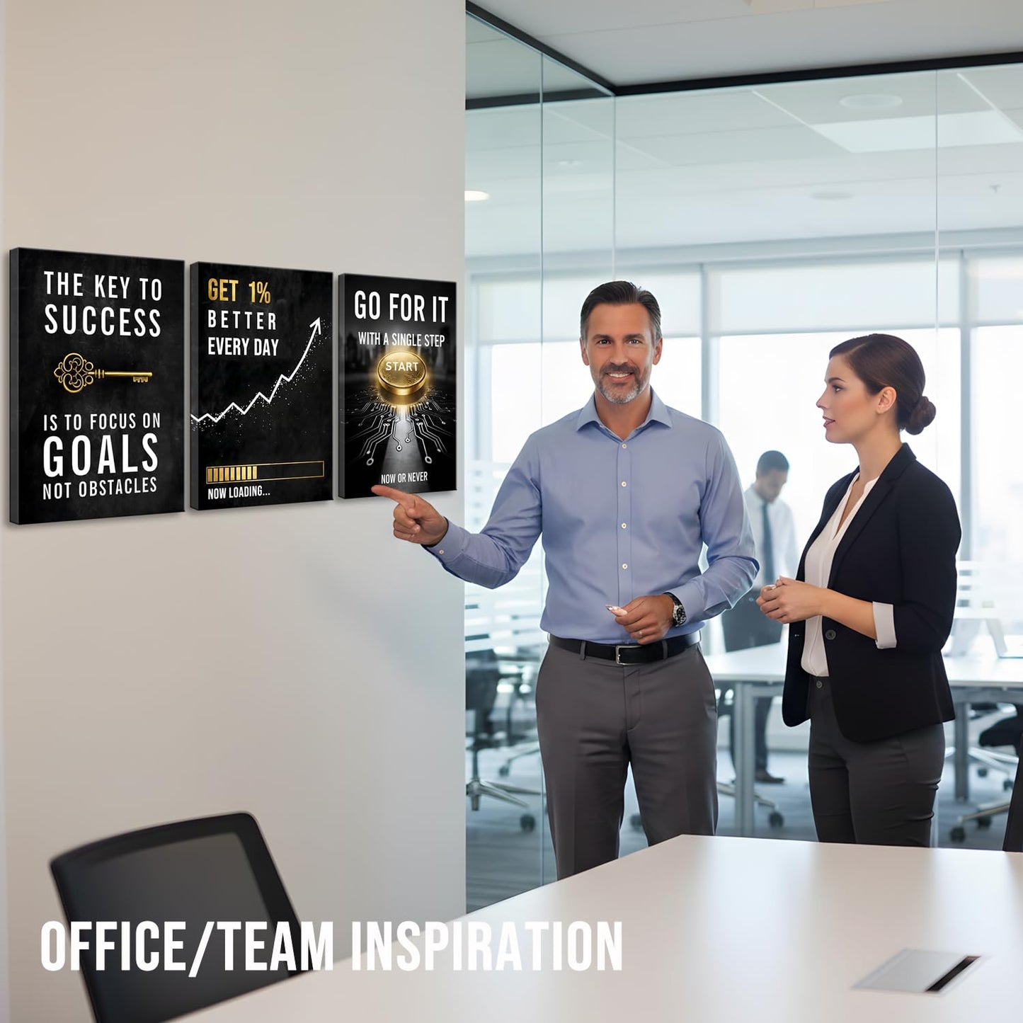 Motivational Office Wall Decor Get 1% Better Every Day Black and White Inspirational Wall Art, 3 Piece Focus on Goals Not Obstacles Quotes, Framed Modern Office Decor for Bedroom, Classroom, Entrepreneurs, Men & Boys