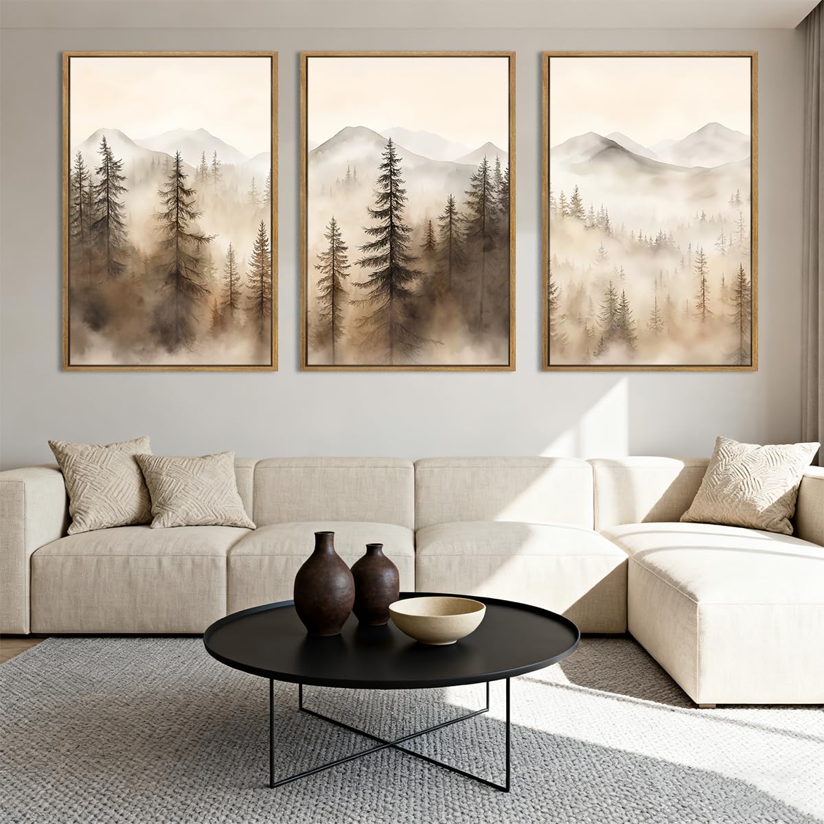 IARTTOP Large Mountain Forest Framed Canvas Wall Art 16x24 Inch Set of 3 Abstract Misty Woodland Painting Modern Farmhouse Art Prints for Living room Dining room