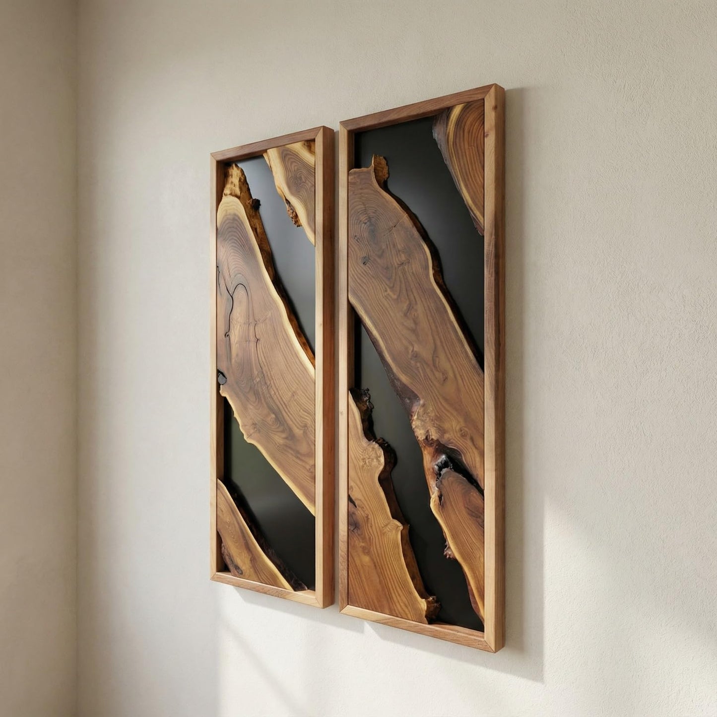 Modern Rustic Wall Art - Live Edge Olive Wood Single Panel Decor - Black Background Wood Art - 14"x30"