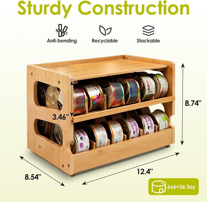 Coanto Cat Food Can Organizer for Pantry, Bamboo 2-Tier FIFO Rotating Can Dispenser, Holds 36 (3oz) Wet Cat Food Cans, Stackable Storage Shelf for Kitchen Cabinet