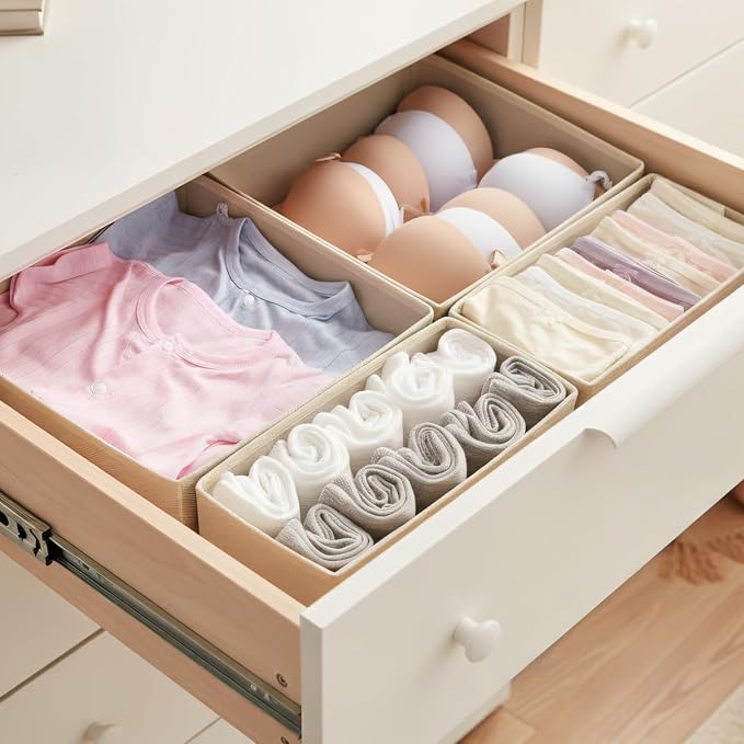 Drawer Organizer Set 6 Pack - Foldable Fabric Storage Bins with Zipper Bottom for Underwear Socks Bras Baby Clothes - Closet Dresser Organizers Dividers for Bedroom Nursery, Beige