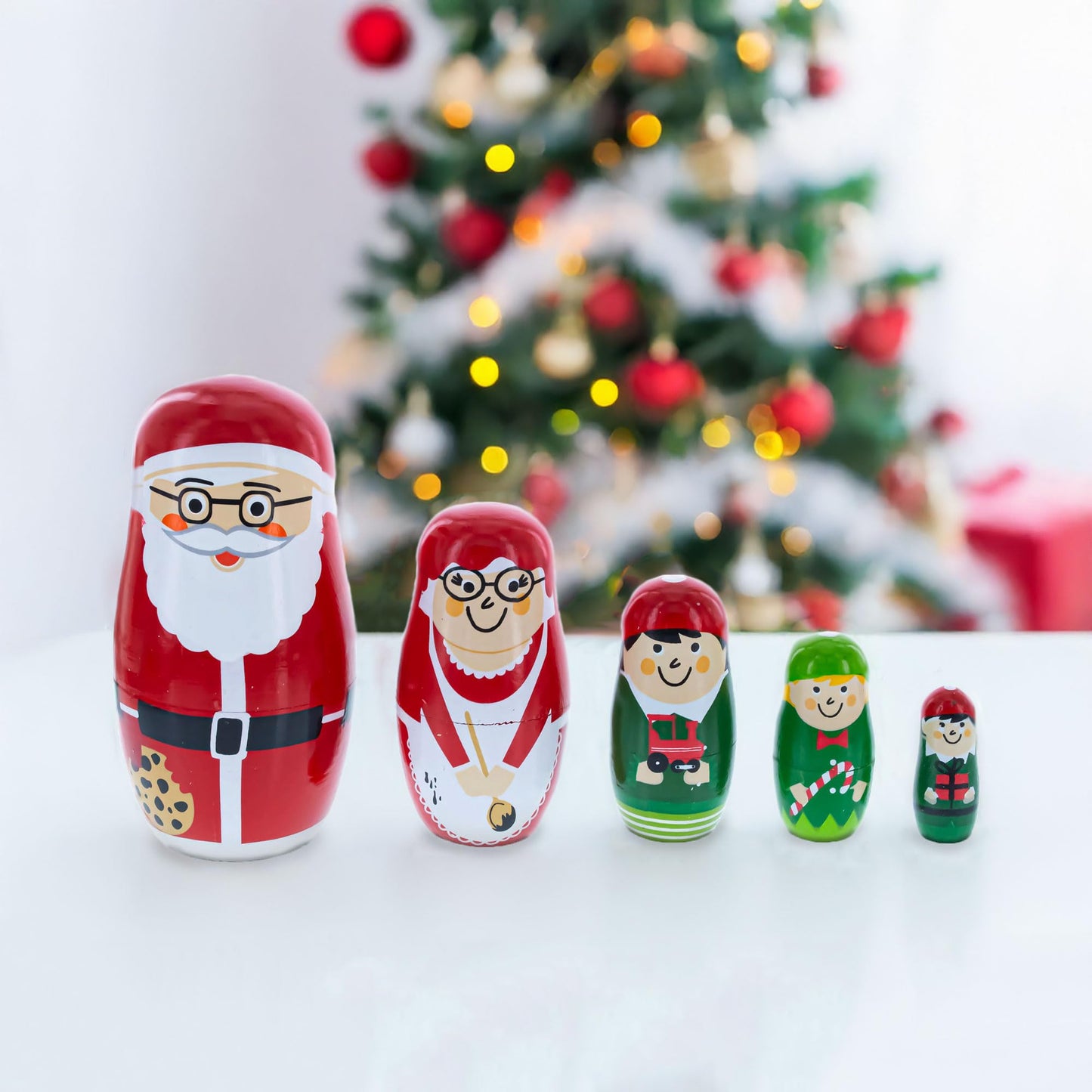 BestPysanky Set of 5 Santa, Mrs. Claus, Elf & Snowman Wooden Nesting Dolls 4.75 Inches