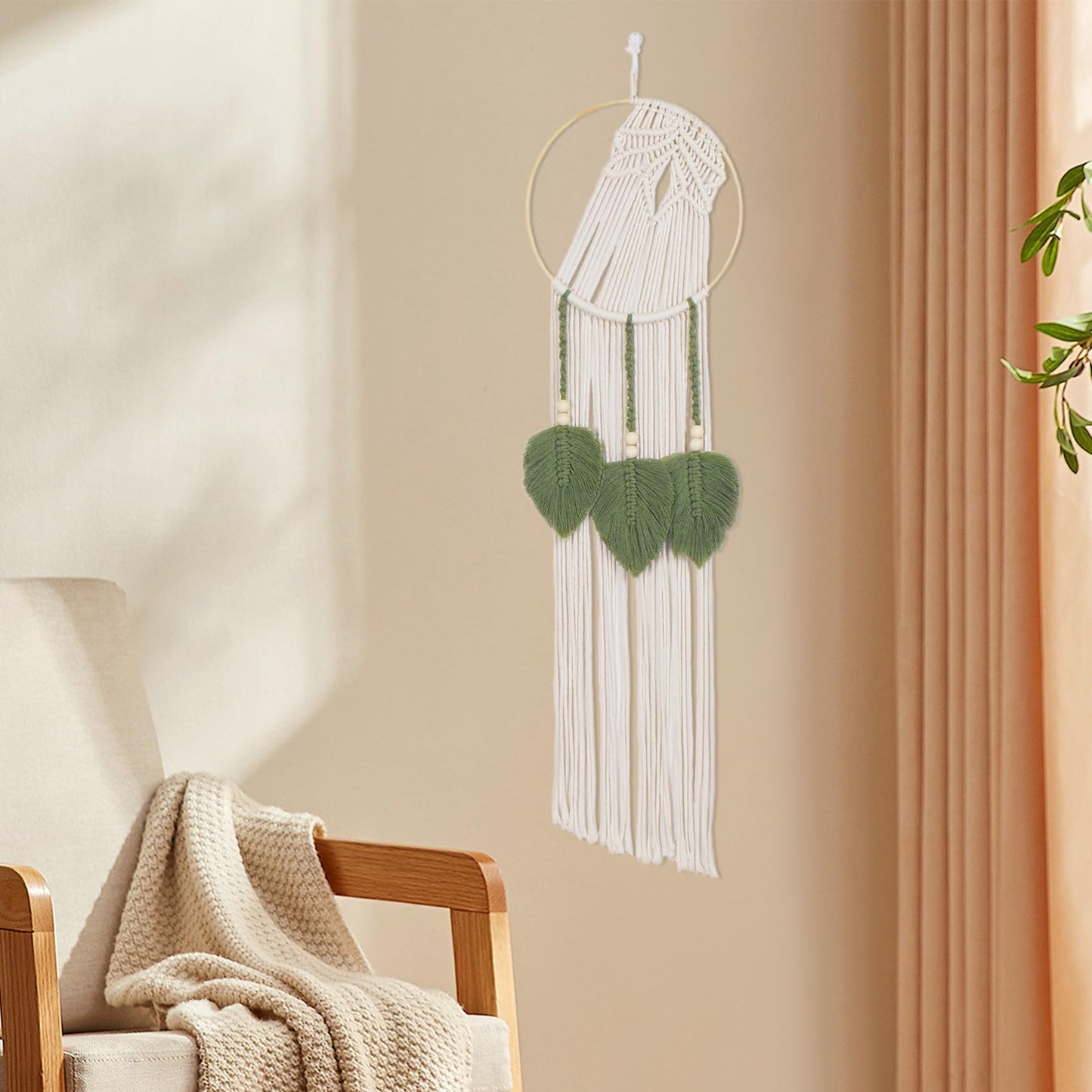 LB Boho Leaf Small Macrame Wall Hanging Green and Beige Hand Woven Cotton Tapestry Wall Art with Wood beads Modern Aesthetic Wall Decor for Home, Bedroom, Living Room