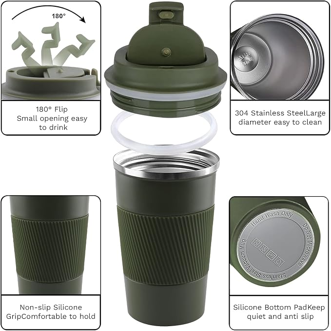 YINBAOGE Insulated Travel Coffee Mug, Spill & Leak Proof, Portable To Go Camping Stainless Steel Coffee Tumbler, Reusable Thermal Coffee Cup with Lid for Hot & Cold Drinks (Green, 12 OZ)