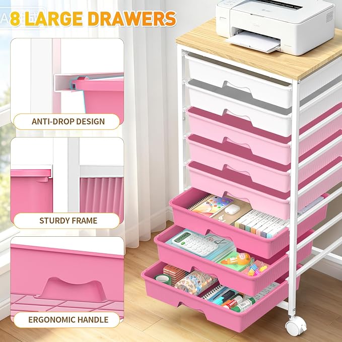 SUNALLY Rolling Storage Utility Cart With 8 Drawers, Storage Drawer Cart with Wooden Tabletop and 2 Lockable Wheels, 8 Tier Rolling Cart for Craft Art Supply Storage & Home Office Organization, Pink