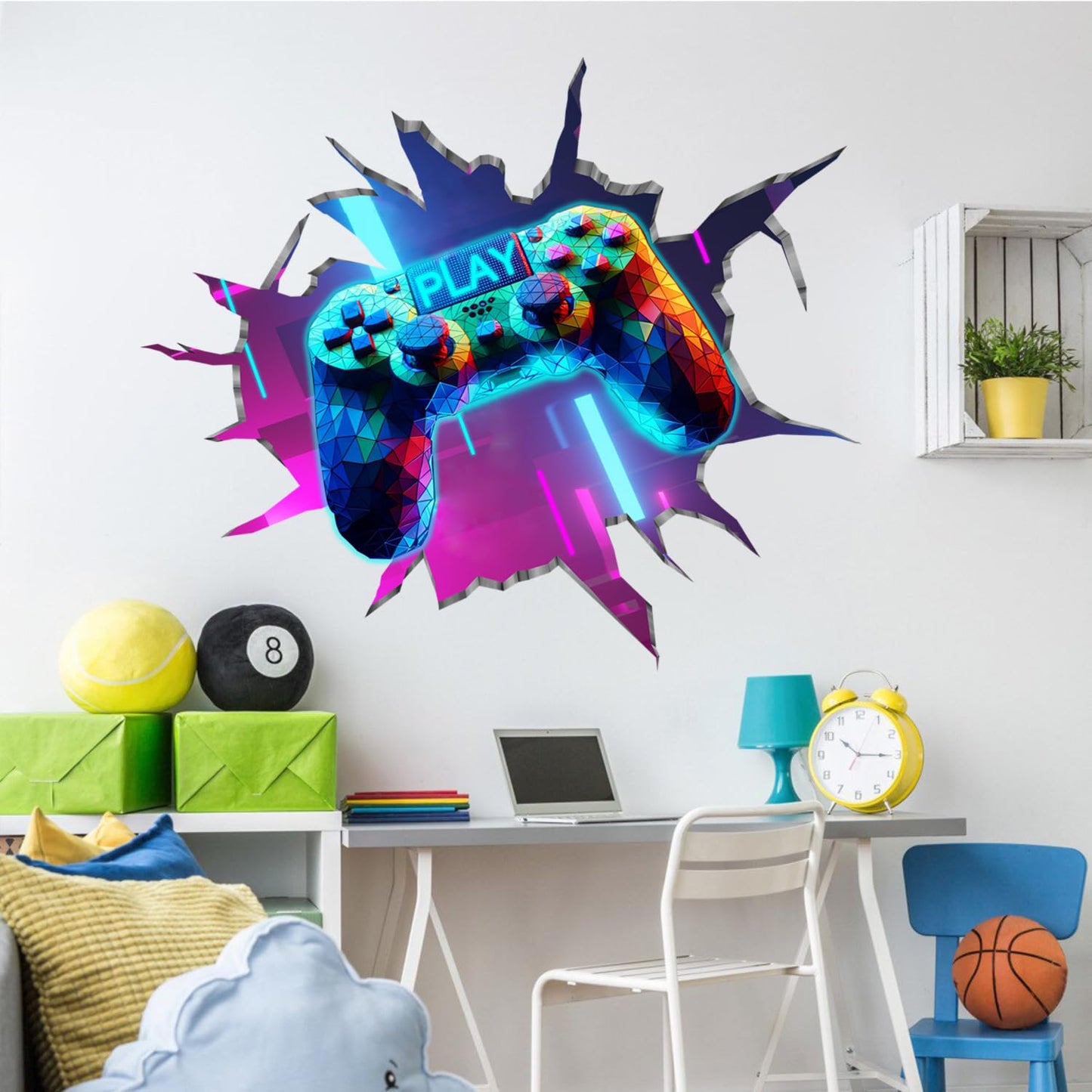 YIMEHDAN Large 3D Game Wall Decals (35.8”x32.4”), Gaming Break Through The Wall Vinyl Wall Stickers for Game Lover, Removable Video Games Artwork for Boys Playroom Bedroom Decor