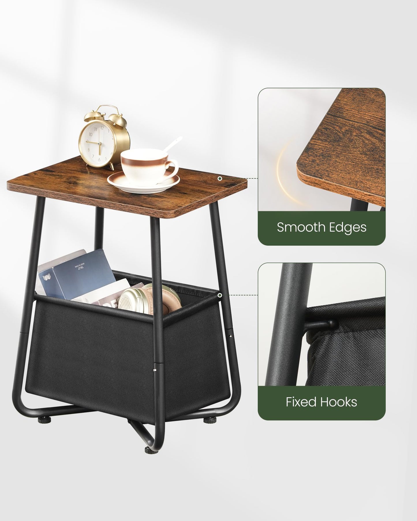 CHOEZON Small Nursery Side Table with Removable Fabric Basket, Compact End Table for Small Spaces, Space-Saving Nightstand for Bedroom Living Room, Rustic Brown TBZ13BF