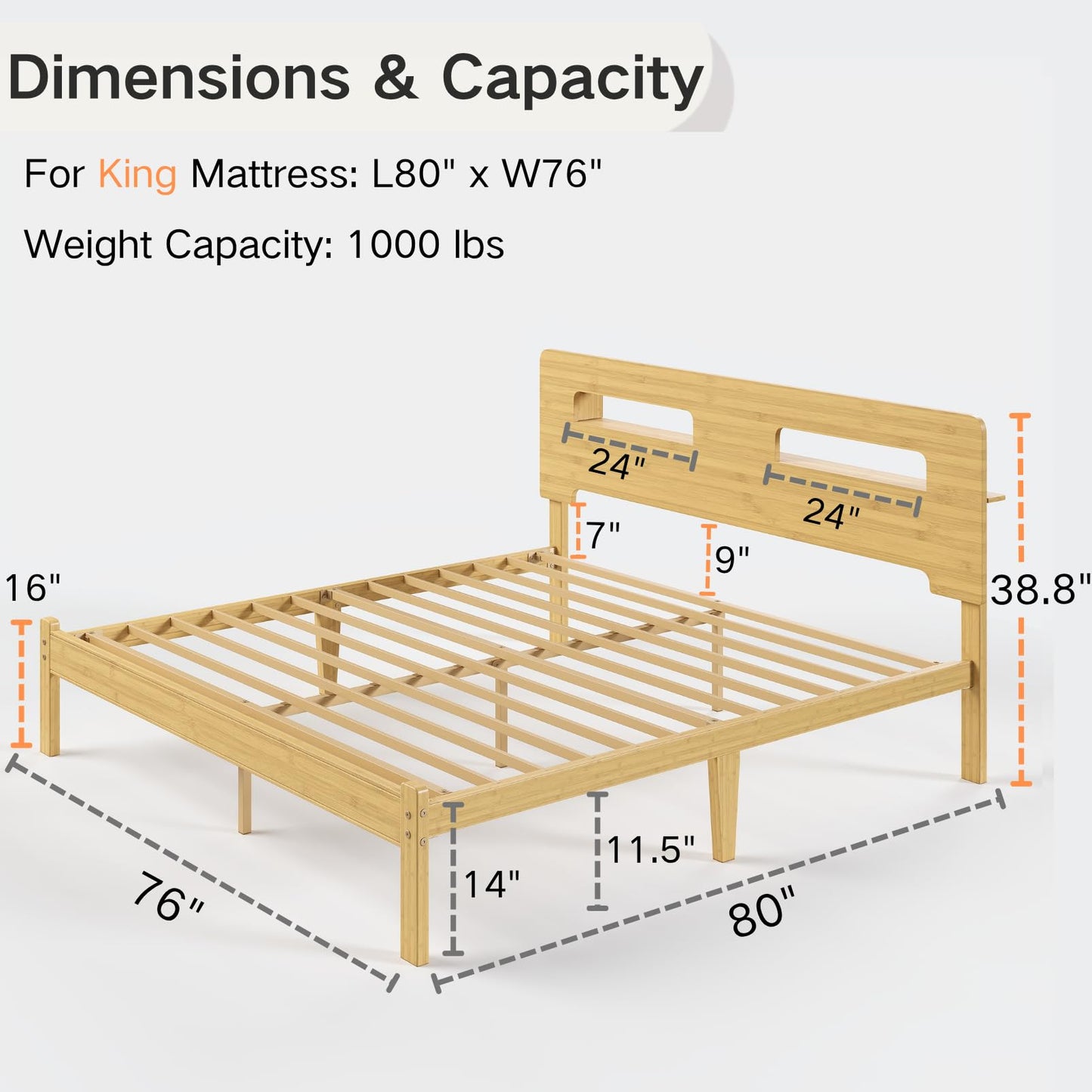 COMASACH Bamboo Wood King Size Bed Frame with Storage Headboard, 14 Inch High Solid King Platform Bed Frame, Metal Slats Support, Heavy Duty, No Box Spring Needed