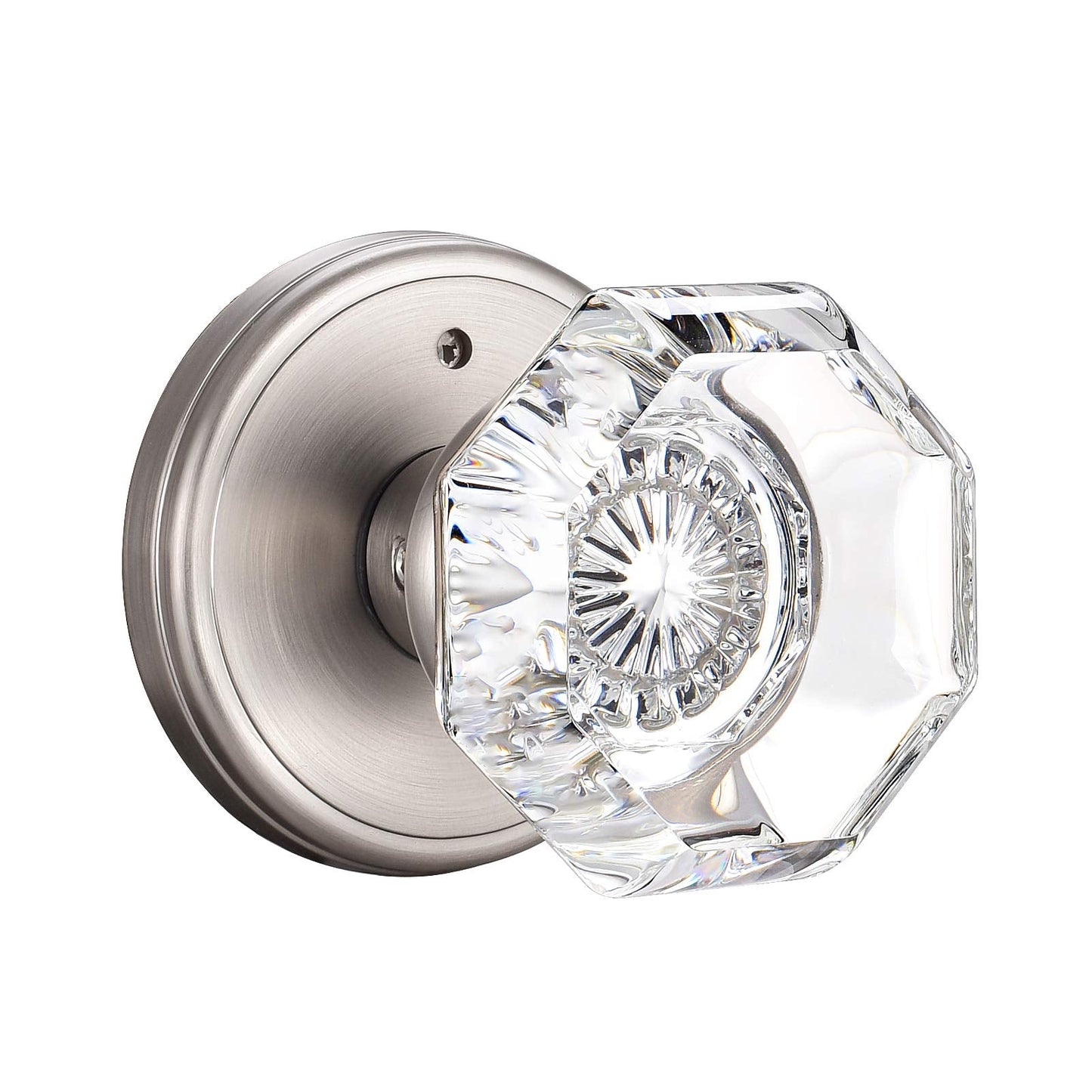 CLCTK Crystal Glass Door Knobs Interior, Modern Bathroom Bedroom Door Knobs with Lock Privacy Function, Satin Nickel