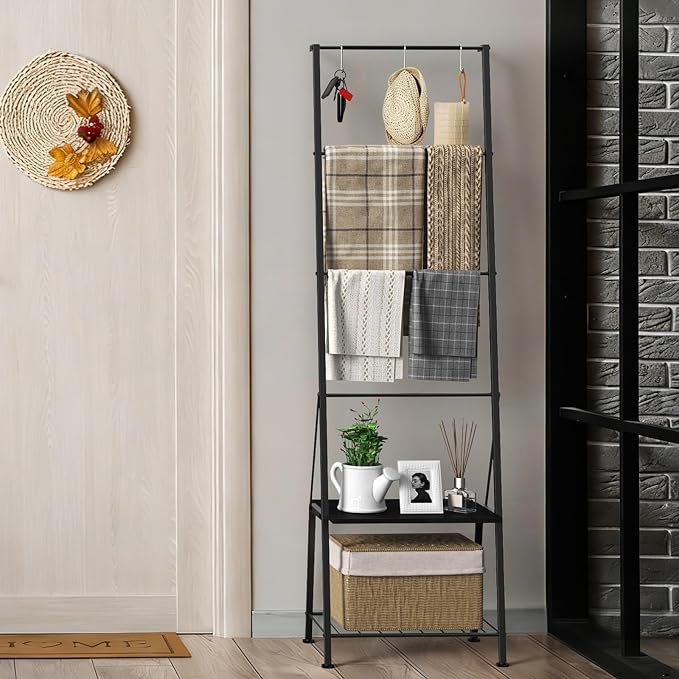 Black Metal Blanket Ladder with Storage Shelf and Hooks, Leaning Towel Rack for Bathroom, Decorative Blanket Rack for Living Room Bedroom