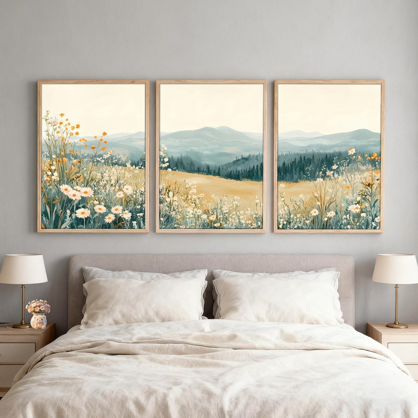 3 Pcs Framed Mountain Wildflower Wall Art Triptych Natural Landscape Canvas Prints Large Farmhouse Daisy Poster Botanical Picture Painting for Living Room Bedroom Decor 12x16IN