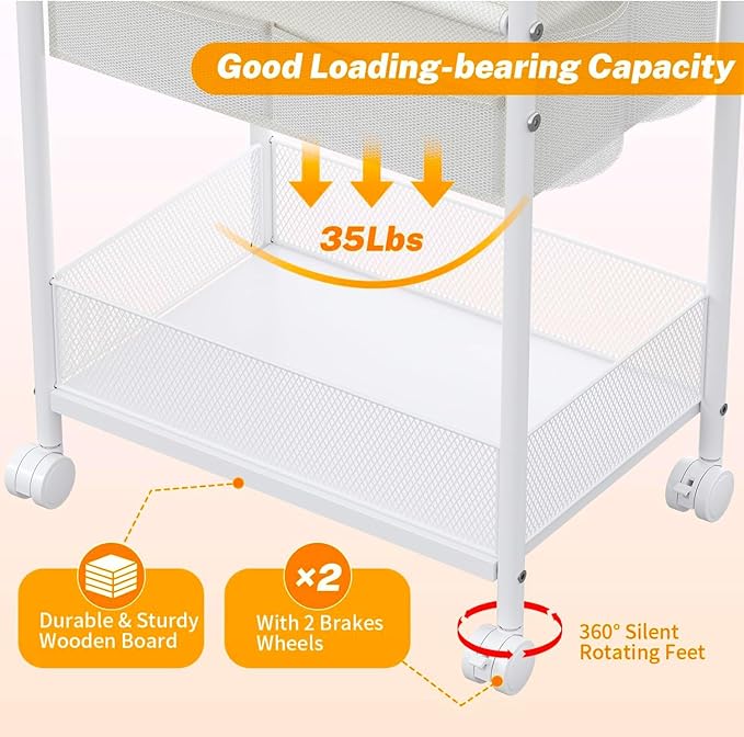 3-Tier Diaper Caddy Organizer & Rolling Cart,Metal Utility Cart with 4+2 Dividers & Lockable Silent Casters, Mobile Storage Cart for Nursery Essentials, Multi-Purpose for Kidsroom Changing Table