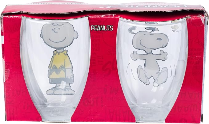 Silver Buffalo Peanuts 2 Piece Double Walled Glass Set Featuring Snoopy, Woodstock, and Charlie Brown, 12.5 Ounces