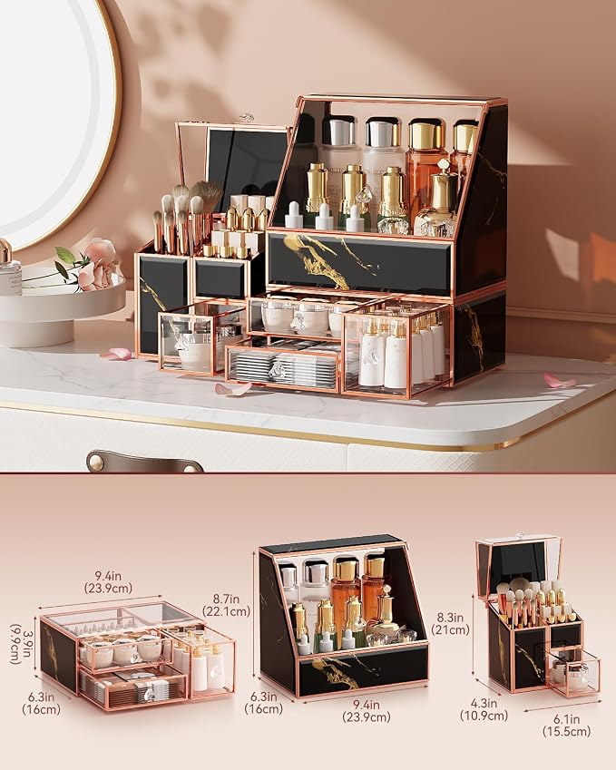 CoralHouse Black Glass Makeup Organizer with Lid, 3-Piece Vanity Organizer with Gold Frame, Cosmetic Display Case for Skincare, Perfume, Lipsticks, Brushes, Bathroom Countertop & Dresser